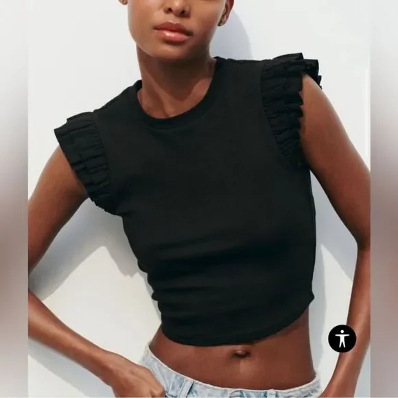 Zara Black Ruffle Sleeve Top Size 26 - Picture 11 of 11